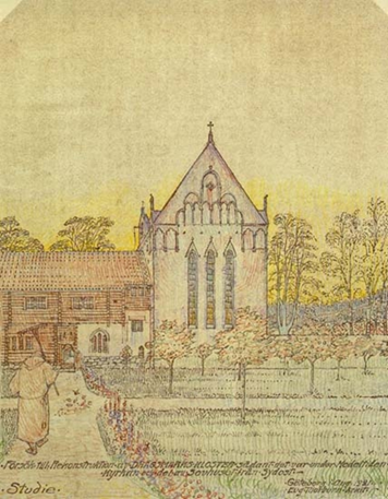 Teckning med timrad huslänga och gaveln på en kyrka. Framför syns trädplantering och en munk med kratta.