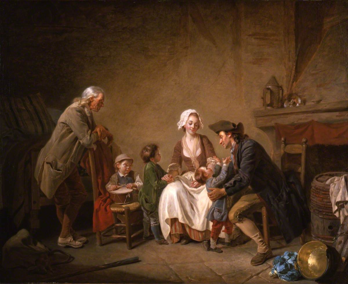 Målning med familj där fadern lyfter upp sitt barn.
