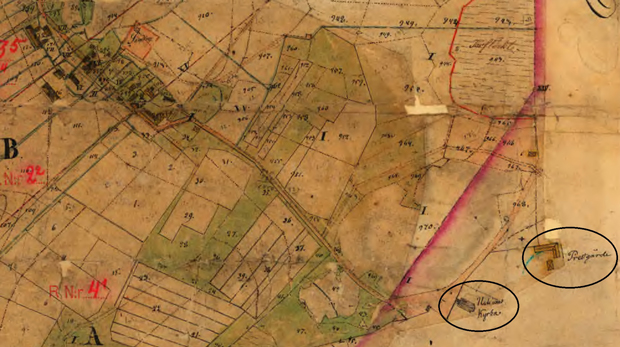 Färgbild av äldre karta i gula och beiga toner.