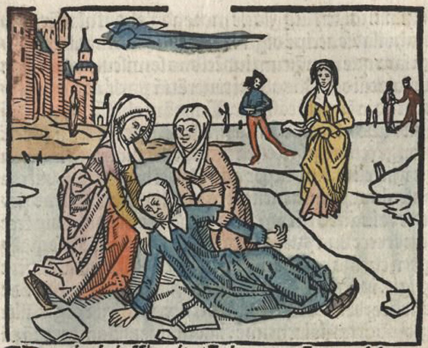 Måleri av sju personer som åker skridskor i närheten av ett slott. Kvinnorna bär långa klänningar och har hucklen som är knutna under hakan. 