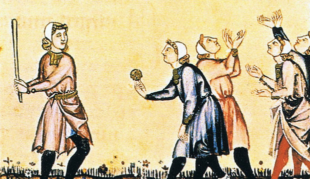 Måleri av fem män som spelar boll iförda knälånga särkar. Deras blonda lockar hålls på plats av vita små hättor. En av männen håller i ett slagträ. 