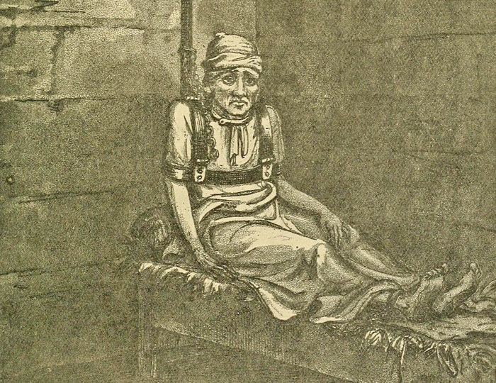 Sepiafärgad teckning visar en bunden patient sittande på halmbäddad brits.
