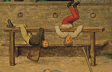Målning där två pojkar hänger och snurrar runt en träställning.