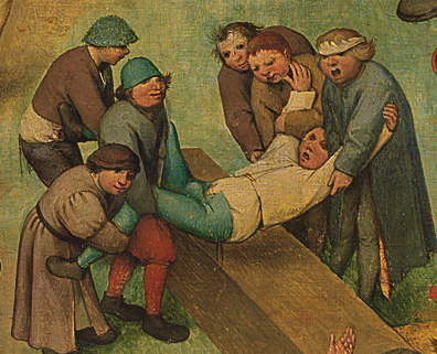 Målning där flera barn drar en pojke över en bänk.