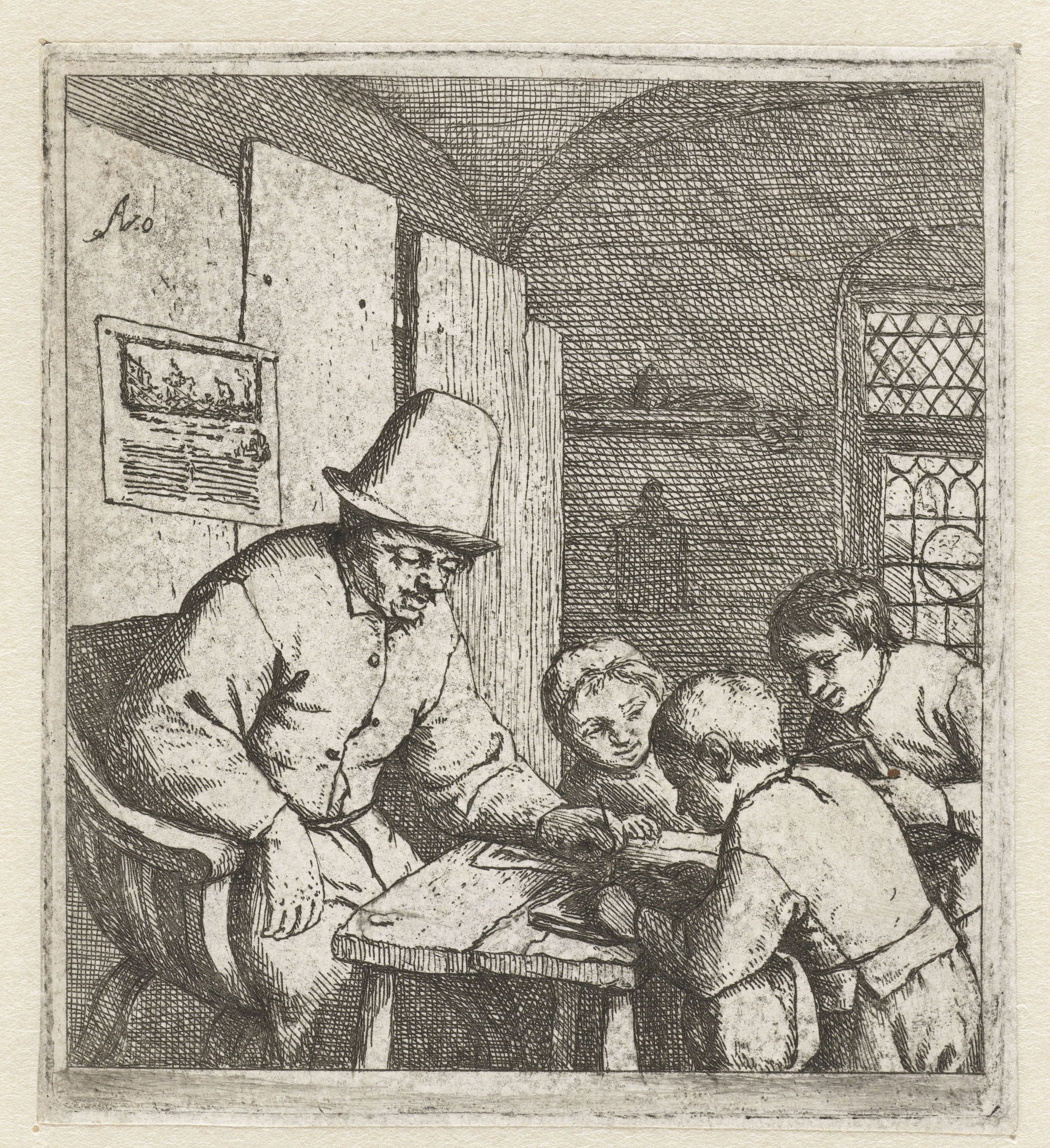 Teckning. En skolsal med tre barn framme hos läraren som bär hög hatt.