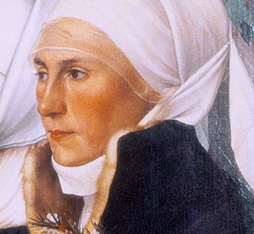 Målning. Bröstbild av kvinna i profil med vit huvudduk och svart pälsfodrad krage.