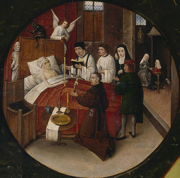 Målning med en dödende man med ett ljus i handens som ligger i en säng. Vid sängen finns flera personer, en präst håller i en bok och en munk lyfter upp ett krucifix.