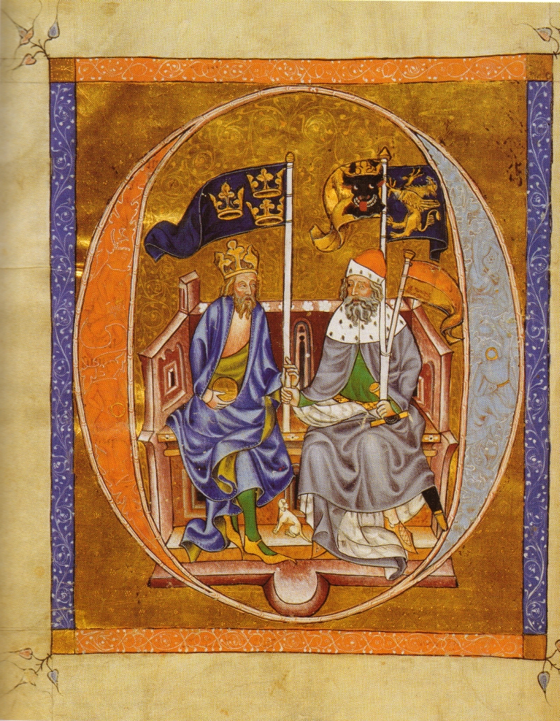 Miniatyrmålning med två sittande män som håller varsin fana. En av dem bär krona.