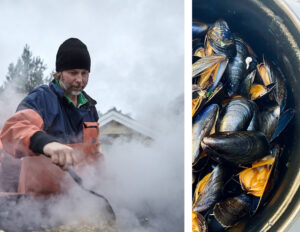 Foto. Till höger Janne Bark lagar mat på öppet stekbord ute. Till vänster närbild på tillagade musslor med skal i gryta.